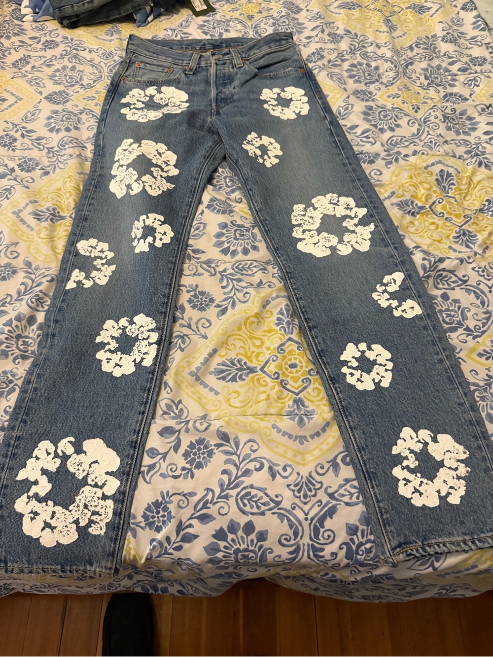 Denim Tears Blue Denim Jeans with White Floral Paint Details